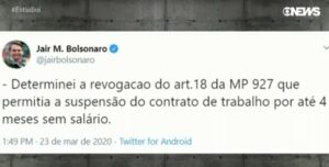 Bolsonaro revoga trecho de MP que previa suspensão de contratos de trabalho por 4 meses