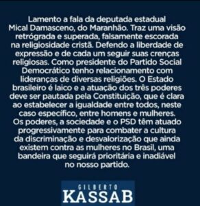 Presidente do PSD critica fala de Mical sobre sessão só com homens no Dia da Família
