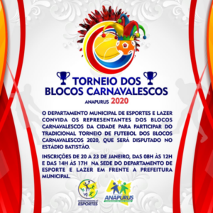 Secretaria de Esportes de Anapurus abre inscrições para o Torneio dos Blocos Carnavalescos