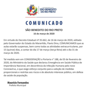 Prefeito Maurício Fernandes acata decreto do governo do estado e suspende aulas e atividades extracurriculares em São Benedito do Rio Preto