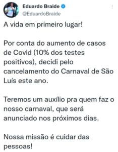 Acertadamente, Eduardo Braide cancela carnaval de São Luís