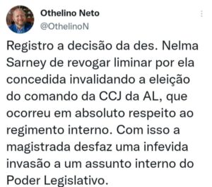 Revogação de liminar corrige indevida invasão a assunto interno do Legislativo, diz Othelino