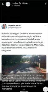 Moradora aliada do ex-prefeito Afonso Celso faz críticas com nome de rua ao invés de agradecer asfalto colocado na sua rua