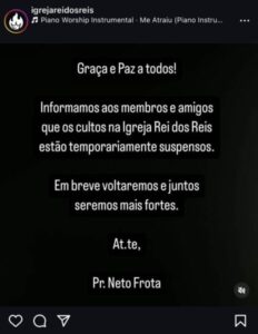 Após escândalo, Pastor Neto Frota anuncia suspensão dos cultos na Igreja Rei dos Reis