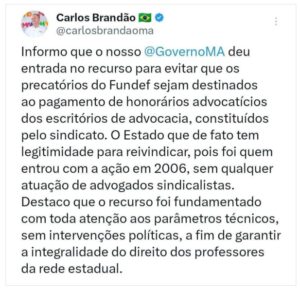 Brandão entra na briga para que precatórios sejam destinados integralmente aos profissionais da educação
