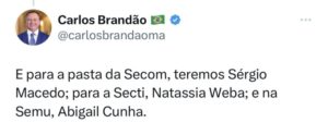 Brandão anuncia Abigail Cunha na Semu e Natassia Weba na Secti