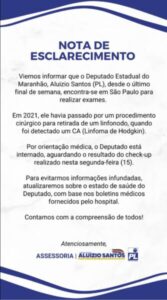 Deputado Aluizio Santos divulga nota sobre seu estado de saúde