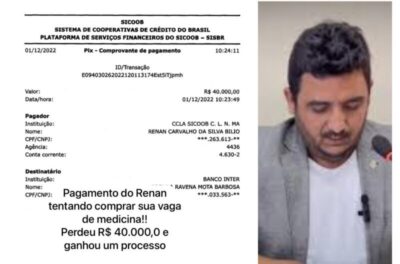 Comprovante de pix da conta do vereador Renan para Brenda Ravena dá indícios de pagamento pela falsificação de documento para entrar em Faculdade de Medicina