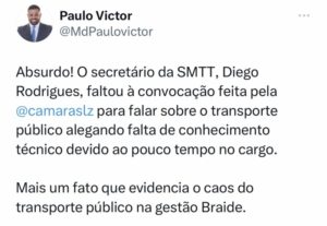 “Evidencia o caos”, diz Paulo Victor sobre falta de conhecimento técnico do secretário de Transportes