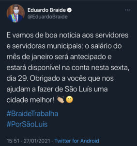 Eduardo Braide anuncia antecipação do pagamento dos servidores de São Luís