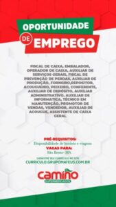 Oportunidade:  GRUPO MATEUS ABRE VAGAS PARA SUPERMERCADO CAMINO EM SÃO BENTO
