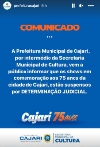 Justiça cancela shows de aniversário de Cajari