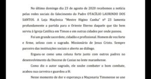 Maçonaria publica Nota de Pesar pelo falecimento do padre Otacílio