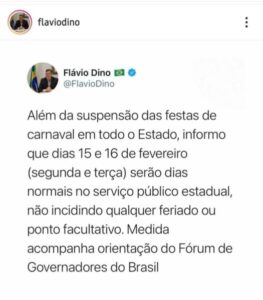 Flávio Dino suspende ponto facultativo do Carnaval para o serviço público