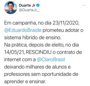 Duarte Júnior denuncia descaso da prefeitura de São Luís com a garantia de acesso à internet para a educação pública