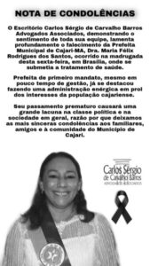 Em Nota, escritório Carlos Sérgio Advogados Associados lamenta falecimento da prefeita de Cajari