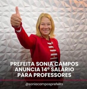 Prefeita Sônia Campos anuncia pagamento do 14° salário a professores