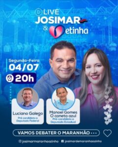 Josimar e Detinha recebem pré-candidatos em Live desta segunda-feira