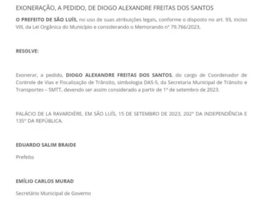 Coordenador de Fiscalização de Trânsito é exonerado após denúncia do Blog do Filipe Mota