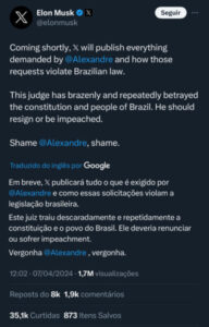 Elon Musk diz que Alexandre de Moraes é uma “vergonha” e sugere seu impeachment