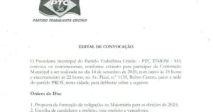 PTC anuncia convenção partidária para o dia 14 de setembro em Timon