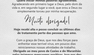 Caxias: prefeito Fábio Gentil recebe alta após tratamento contra a Covid-19