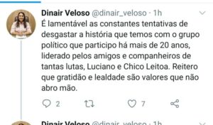 Prefeita Dinair não cita o deputado Rafael Leitoa ao falar dos líderes do seu grupo
