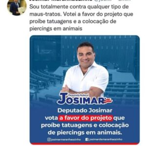 Josimar Maranhãozinho vota a favor de projeto que proíbe tatuagens e piecings em animais