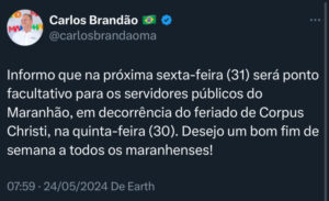 Governo do Maranhão decreta ponto facultativo dia 31 de maio e servidores ganham feriadão de 4 dias na próxima semana