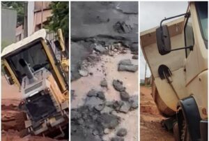 Asfalto “derretendo” na chuva, casas alagadas com lama, veículos a serviço da Prefeitura de Estreito caindo em crateras após drenagem mal feita na gestão de Léo Cunha