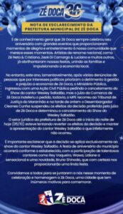 Prefeitura de Zé Doca emite nota sobre o cancelamento do show de Wesley Safadão; A festa de aniversário do município ocorrerá conforme o estabelecido com diversas outras atrações