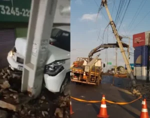 Motorista desgovernado fica ferido em acidente com quebra de poste em São Luís