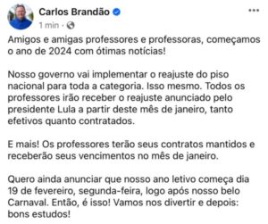 Brandão promete pagar reajuste para professores efetivos e contratados