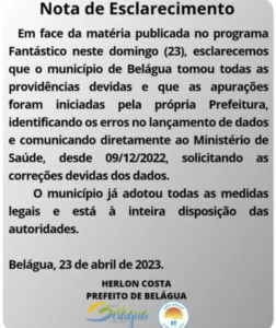Prefeitura de Belágua comunicou Ministério da Saúde sobre erros de lançamento