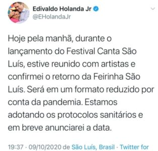Prefeito Edivaldo anuncia volta da Feirinha São Luís