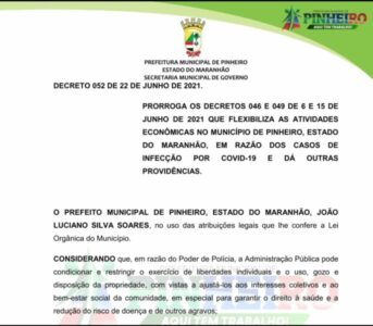 Prefeitura de Pinheiro prorroga Decretos, estende horários de funcionamento de restaurantes e volta a autorizar atividades esportivas