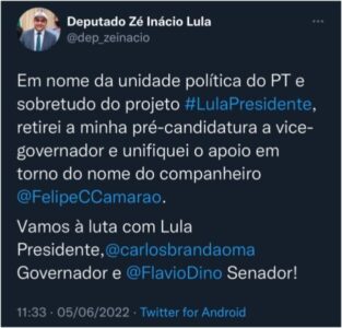 Zé Inácio perde força e desiste de ser vice de Brandão