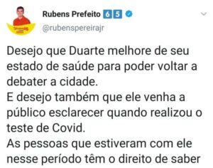 Rubens deseja melhoras e pede que Duarte Jr esclareça a data em que pegou Covid-19