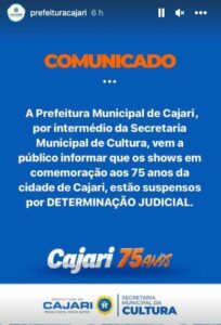 Dívidas e problemas na saúde fazem Justiça suspender festa de 75 anos de Cajari