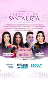 Prefeita Fabiana Mendes anuncia shows de Luan Costa e Japa Cantora no Festejo de Santa Luzia em Presidente Vargas