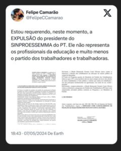 Veja Agora: Felipe Camarão solicita expulsão do presidente do SINPROESSEMA do PT