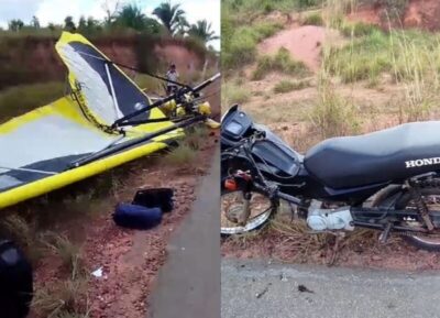 ASSISTA! Motoqueiro filma ultraleve caindo sobre a própria moto no interior do Maranhão