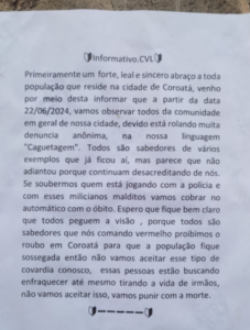 Comando Vermelho ameaça matar ‘caguetas’ com cartazes espalhados em Coroatá