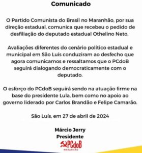 Othelino Neto pede desfiliação do PCdoB…