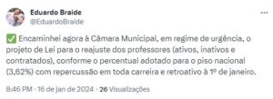 Prefeito de São Luís anuncia reajuste aos professores ativos, inativos e contratados de forma retroativa ao dia 1º de janeiro de 2024