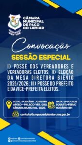 Câmara Municipal de Paço do Lumiar anuncia a realização da Sessão Especial de Posse dos vereadores