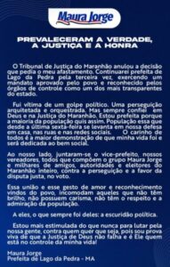 Maura Jorge após retorno à Prefeitura de Lago da Pedra: ‘Fui vítima de um golpe político’…