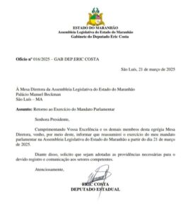 Eric Costa protocola pedido de retorno ao mandato na Alema