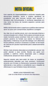 Pedro Lucas confirma, em nota, recusa de indicação para o Ministério das Comunicações