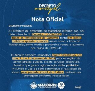 Por conta da Covid, prefeito suspende Carnaval em Amarante do Maranhão